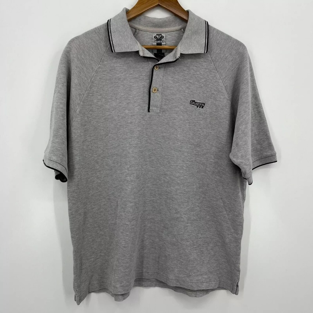 Guess Jeans Mens XL Grey Cotton Short Sleeve Raglan Polo Shirt Vintage 90s